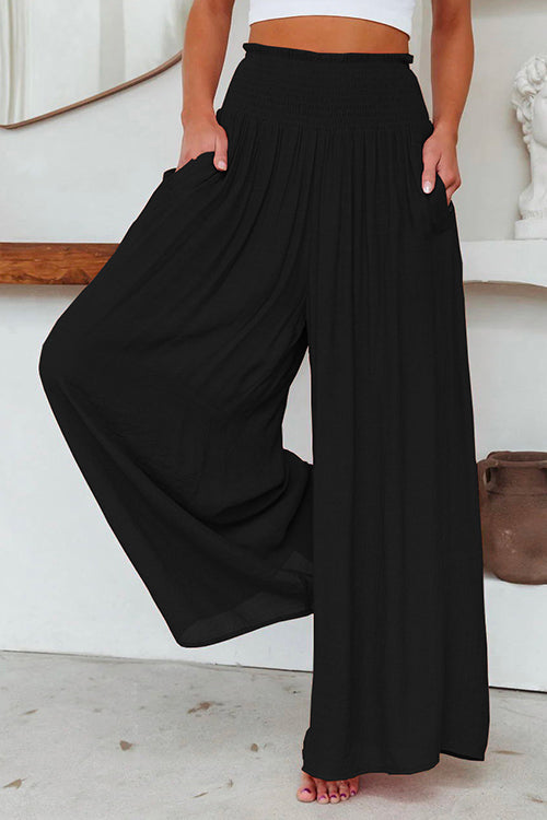 Smocked Elastic Waist Pleated Wide Leg Pants