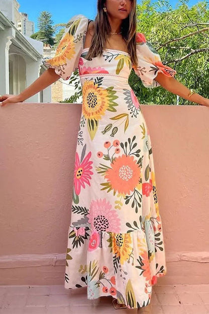 Moxidress Square Collar Puff Sleeves Print Cotton Linen Ruffle Maxi Dress