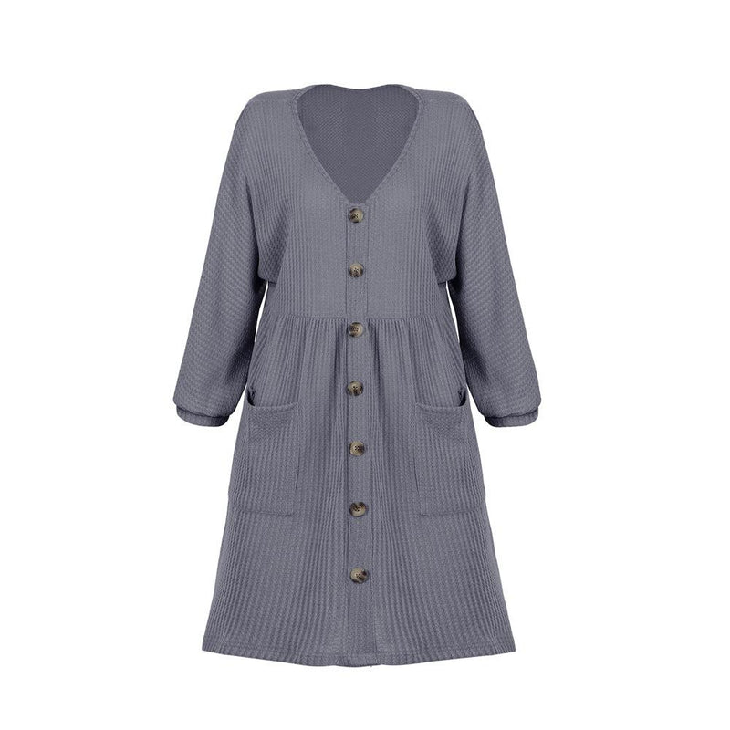 V-neck Buttoned Loose Knit Hem Mini Dresses