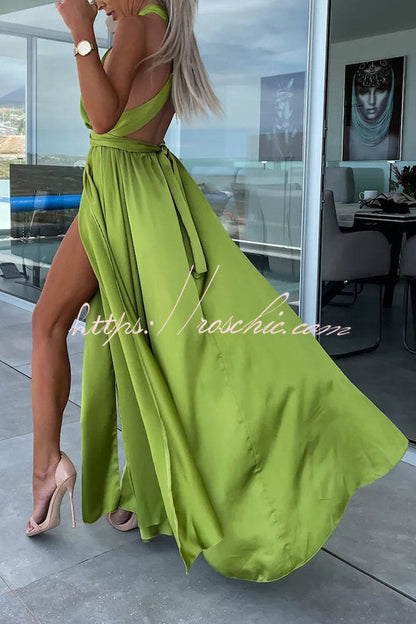 Different Effects Satin Free Tie Neck Slit Maxi Dress