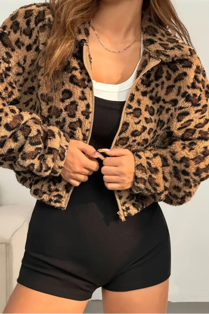 Leopard Print Hooded Zip-up Coat