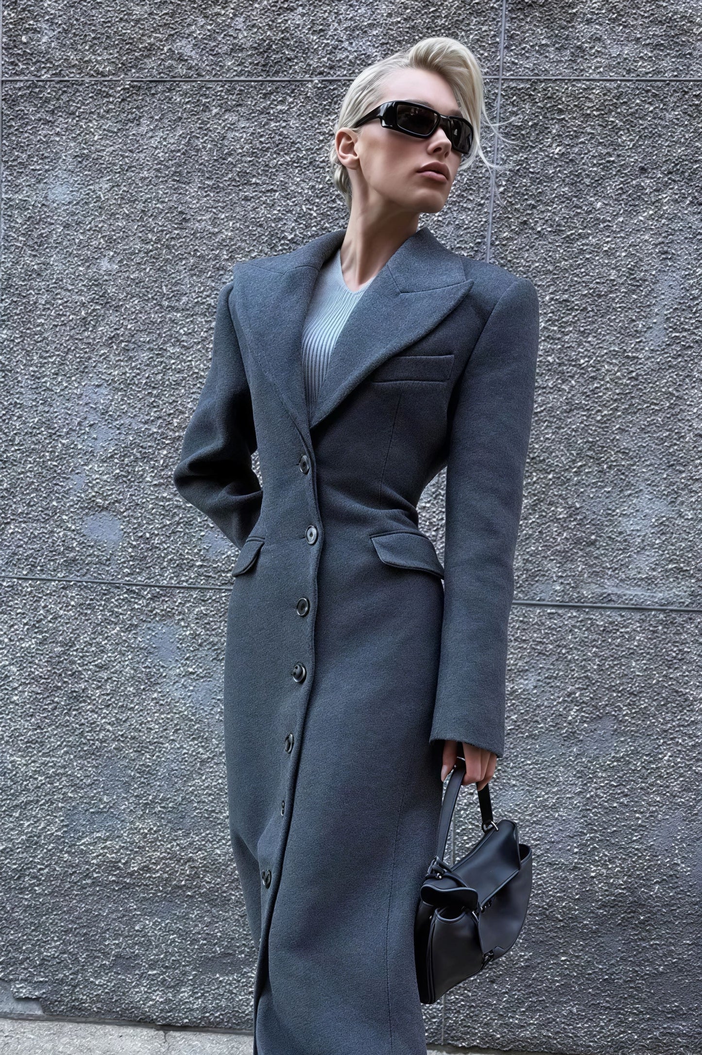 Wool Blend Lapel High Waist Long Overcoat