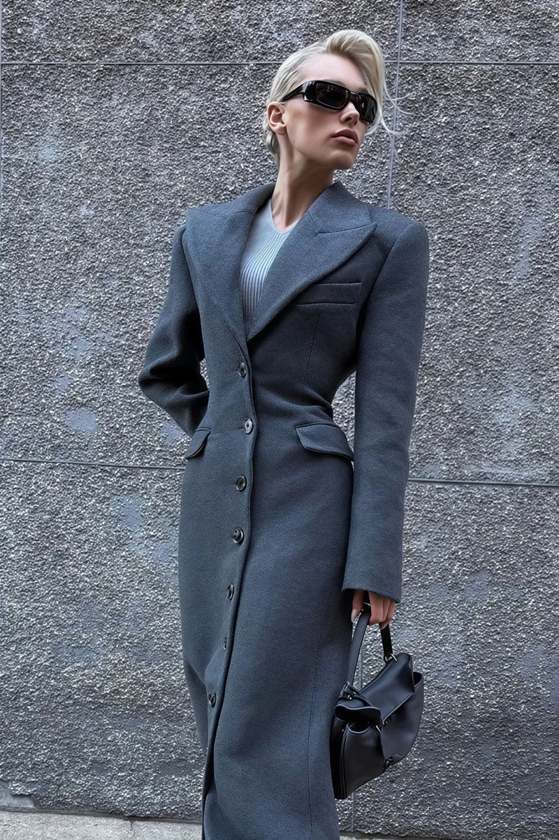 Wool Blend Lapel High Waist Long Overcoat