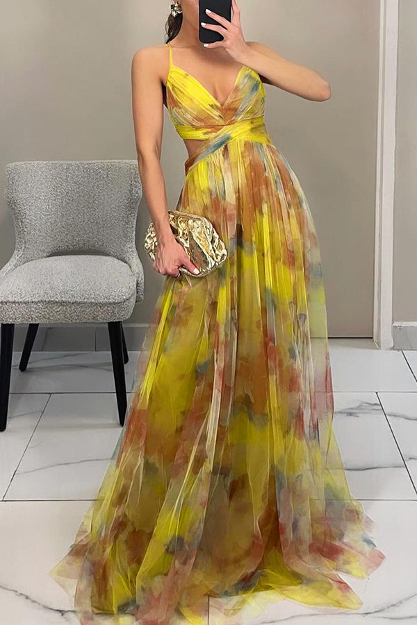 ' Summer Princess Chiffon Printed Hollow Waist and Back Lace Up Long Dress