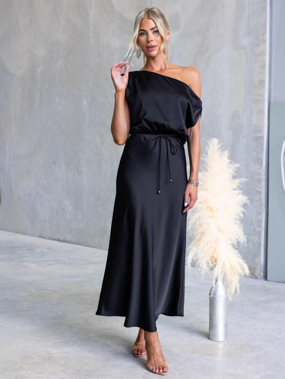 Color One-shoulder Sleeveless Belted Maxi Dress