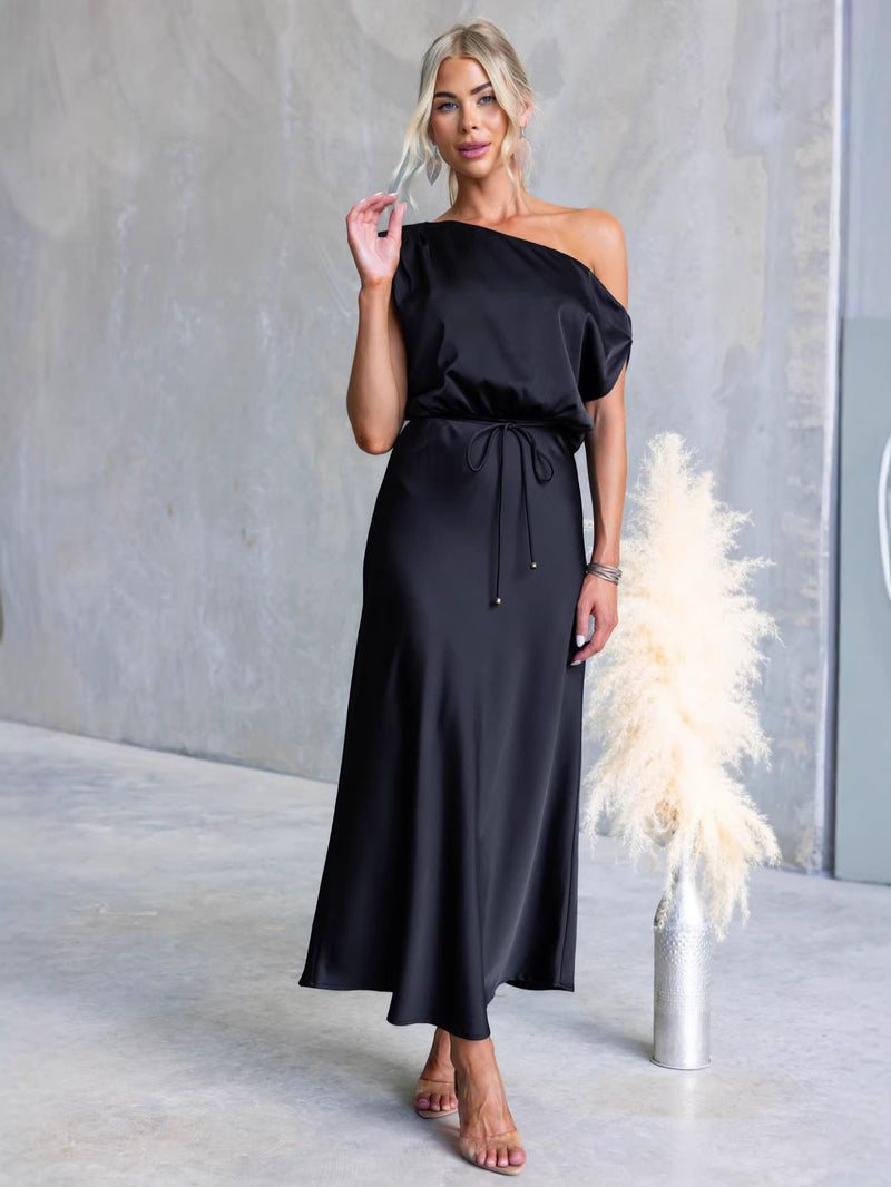 Color One-shoulder Sleeveless Belted Maxi Dress