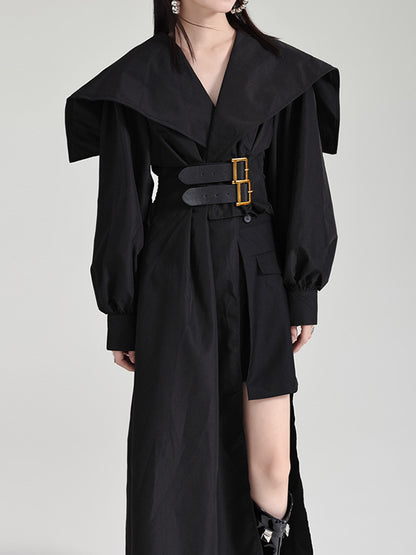 High Waisted Long Sleeves Asymmetric Belted Pleated Color Lapel Midi Dresses