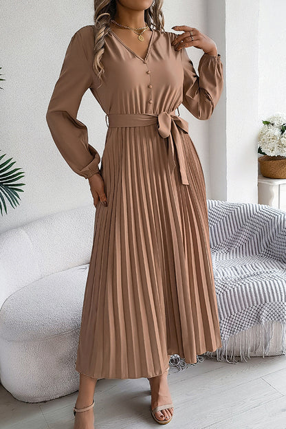 Color V-neck Buttoned Lace-up Pleated Maxi Dress