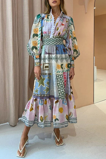 Playfully Unique Print Balloon Sleeve Smocked Waist Shirt Midi Dress