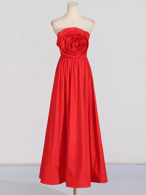 High Waisted Loose Pleated Color Split-joint Three-dimensional Flower Zipper Tube Maxi Dresses