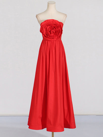 High Waisted Loose Pleated Color Split-joint Three-dimensional Flower Zipper Tube Maxi Dresses