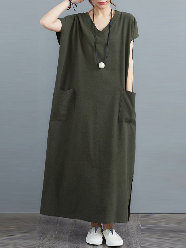 Simple Ramie Cotton Color Split-side With Pocket V-neck Short Sleeves Maxi Dress
