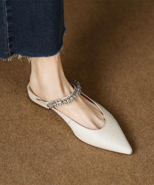 Beige Flat Sandals Faux Leather Pointed Toe Splicing Zircon