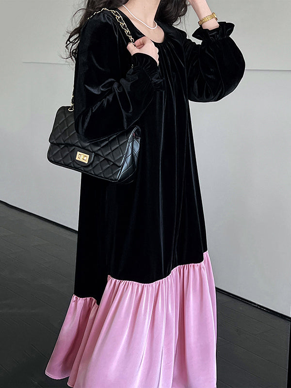 Flared Sleeves Long Sleeves Contrast Color Pleated Ruffled Split-joint Velvet Round-neck Midi Dresses