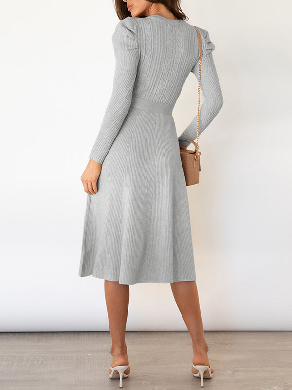 High Waisted Long Sleeves Color Tied Waist Round-neck Midi Dresses Sweater Dresses