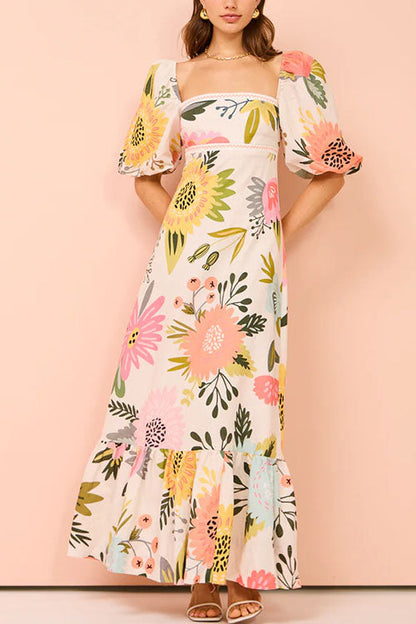 Square Collar Puff Sleeves Print Cotton Linen Ruffle Maxi Dress
