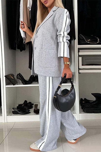 Moxidress Patchwork Notch Lapel Pocketed Blazer Elastic Waist Wide Leg Pants Set