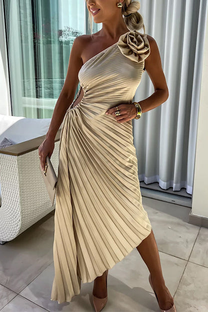 Moxidress 3d Rose One Shoulder Cut Out Waist Asymmetric Hem Pleated Maxi Dress