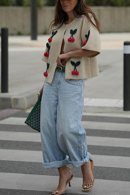 Short Sleeves Button Up Cherry Decorative Knit Sweater