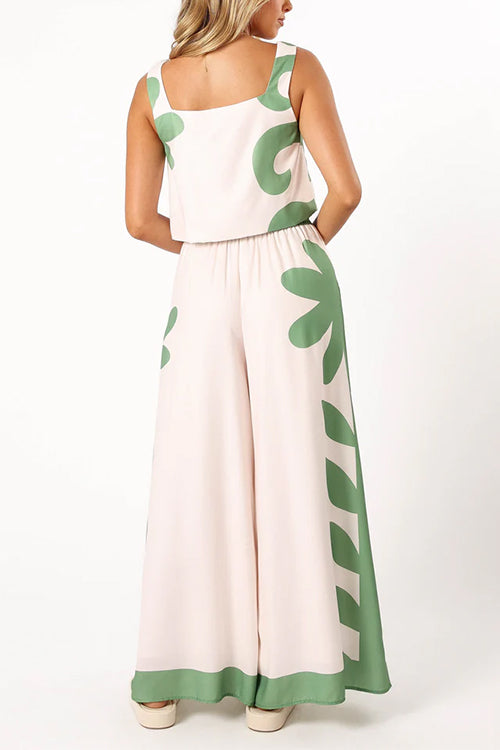 Printed Square Collar Crop Tank Top Drawstring Waist Wide Leg Pants Set