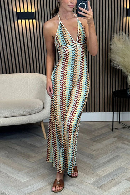 Moxidress Halter V Neck Backless Color Block Crochet Maxi Dress