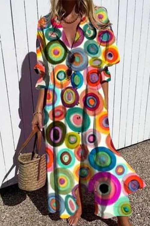 Ruched Button Down Balloon Sleeves Printed Maxi Dress