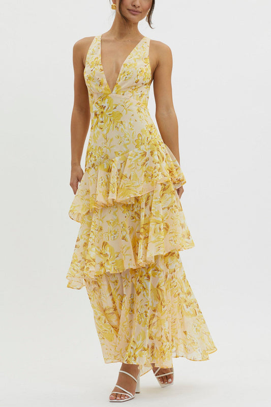 Print Tie-up Back Chiffon Tiered Dress