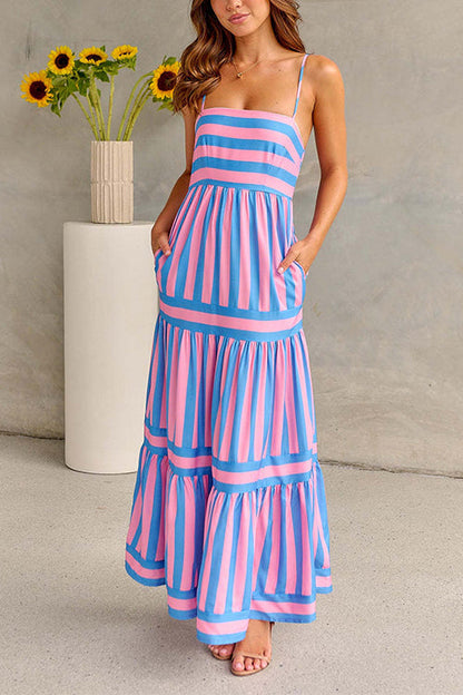 Moxidress Spaghetti Strap Tiered Color Block Striped Maxi Dress
