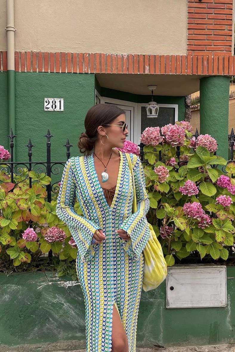 V Neck Bell Sleeve Wavy Striped Crochet Beach Vacation Maxi Dress