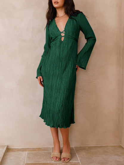 Mountain Vistas Draped Pleated Bell-sleeve Midi Dress