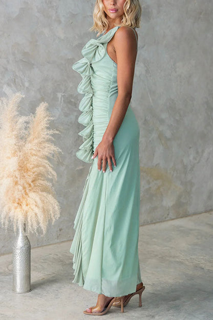 Moxidress One Shoulder Slit Ruffle Mesh Maxi Dress
