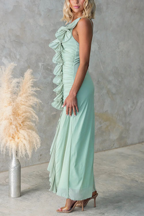 Moxidress One Shoulder Slit Ruched Ruffle Mesh Maxi Dress