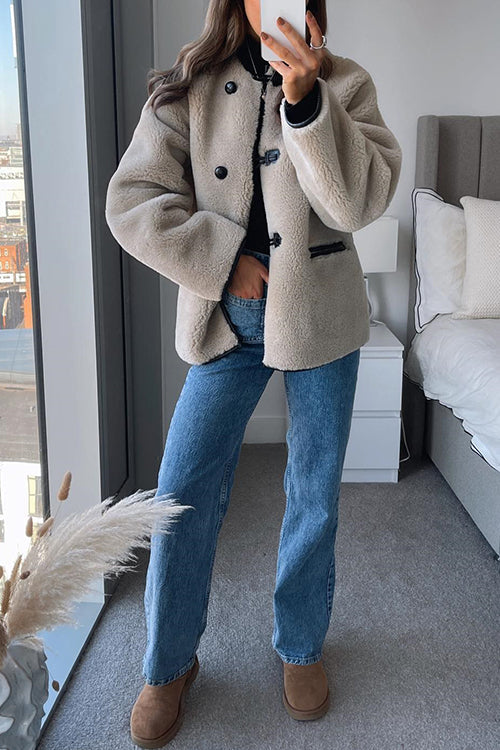 Moxidress Button Down Pocketed Faux Fur Fleece Coat