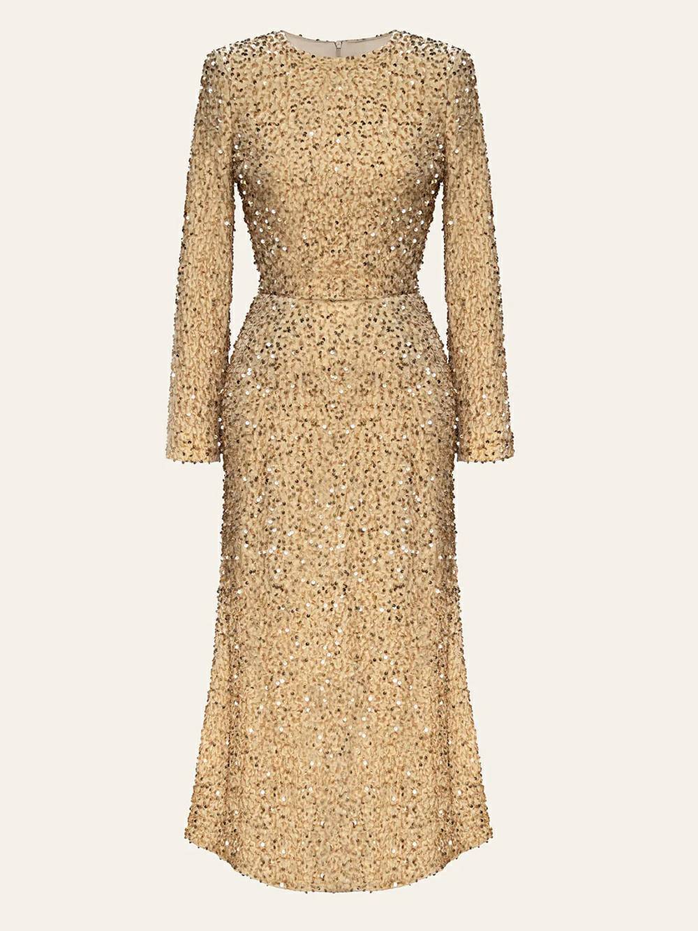 Sequin Decorated Velvet Midi Dress in Beige