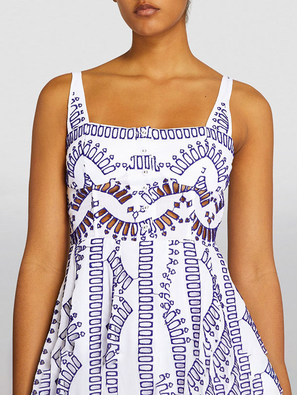 High Waisted Loose Buttoned Elasticity Hollow Printed Spaghetti-neck Mini Dresses