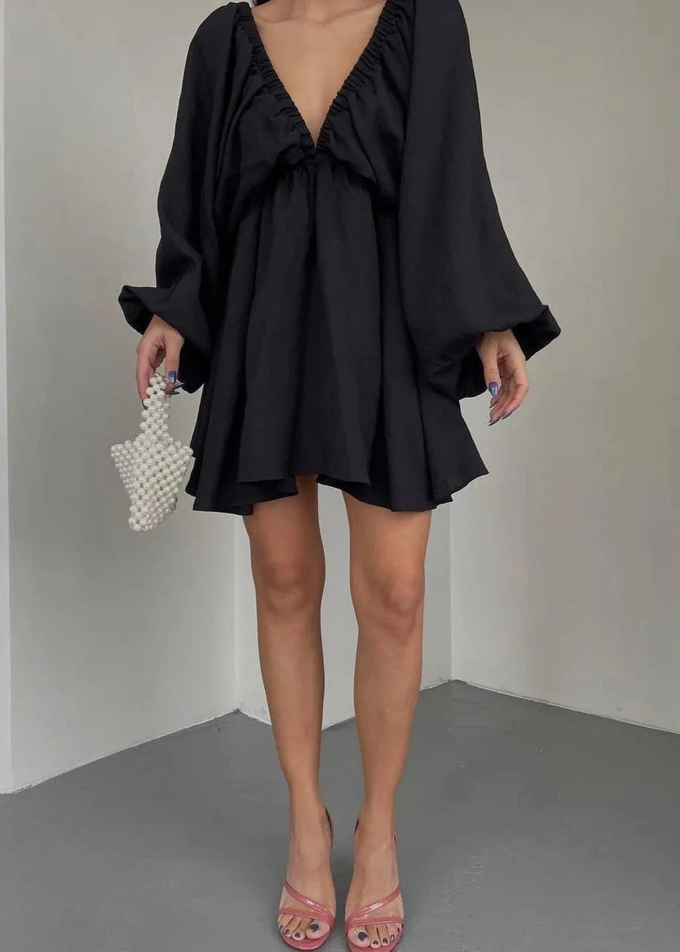 V-neck Lantern Sleeve Dress
