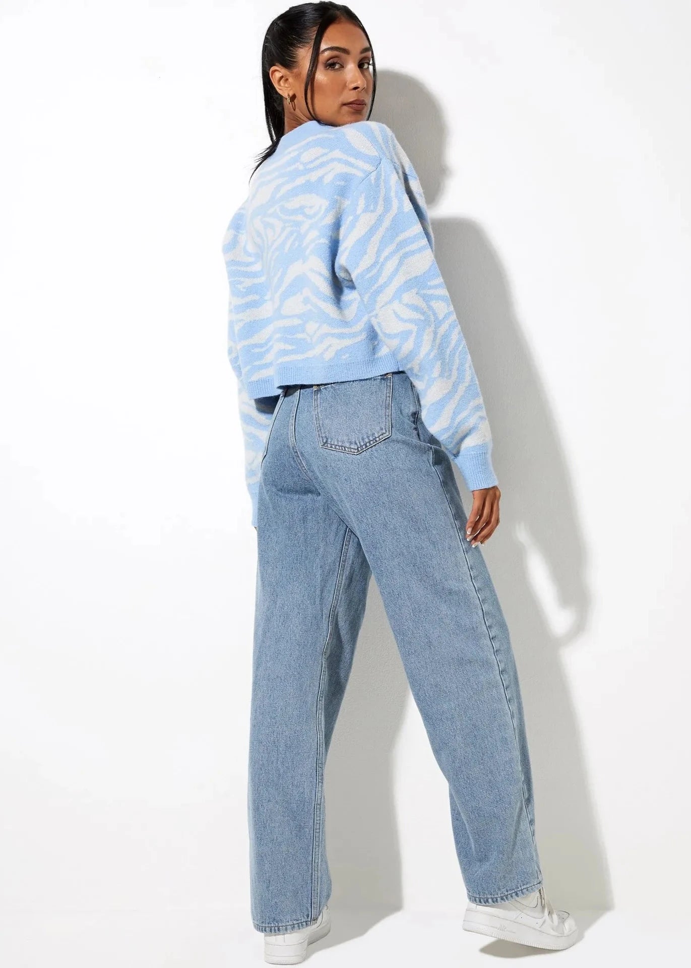Sky Blue Zebra Print Knit Cardigan - Soft Button-up Sweater