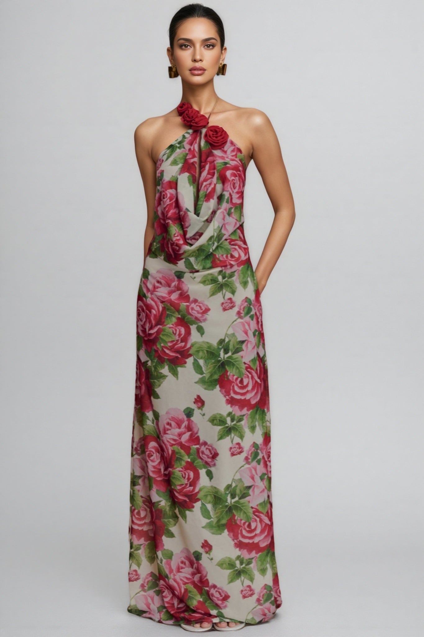 Ysraela Cowl Neck 3d Maxi Dress