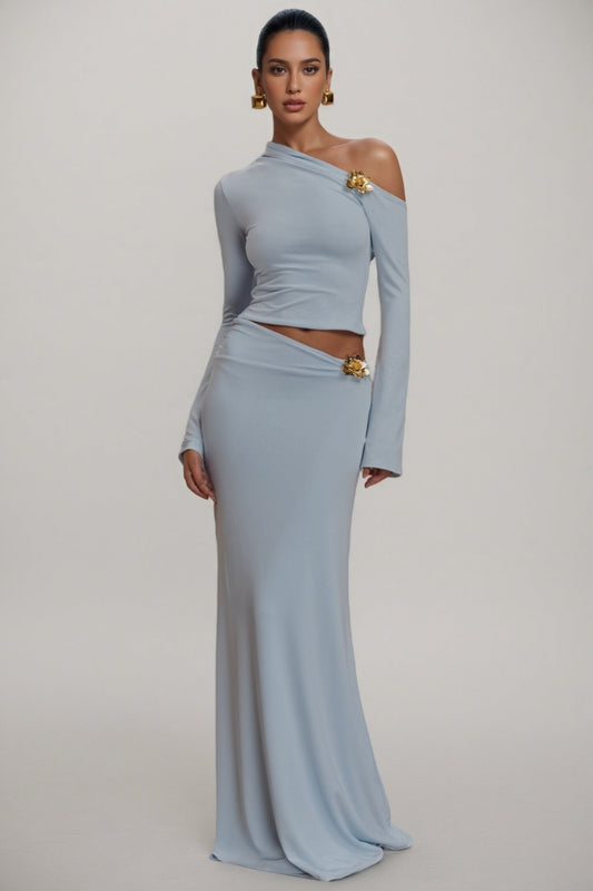 Scarle Blue 3d Flower Maxi Dress Set