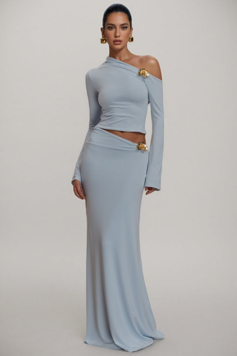 Scarle Blue 3d Flower Maxi Dress Set