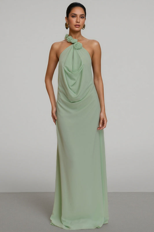 Stellk Green Cowl Neck 3d Flower Maxi Dress