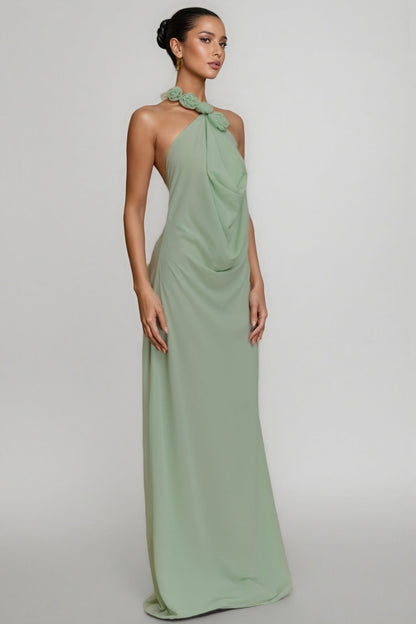 Stellk Green Cowl Neck 3d Flower Maxi Dress