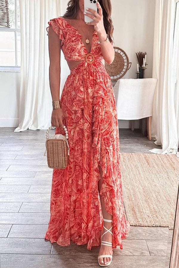 Boldest Bloom Printed Ruffle Sleeve Cutout Maxi Dress