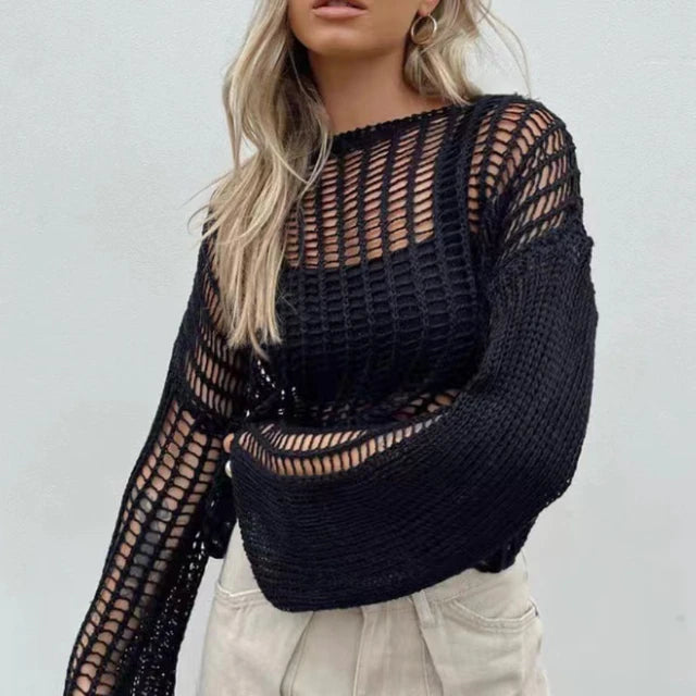 Hollow Out Pullover Pullover Oversize Kniited Long Sleeve Sweater Femme Beach Knitwear Cover-up