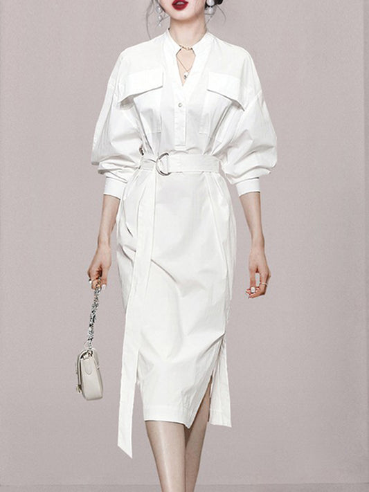 Long Sleeves Loose See-through Split-joint Split-side Tied Waist V-neck Midi Dresses Shirt Dress