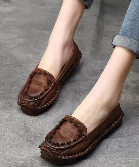 Coffee Handmade Cowhide Leather Flat Shoes