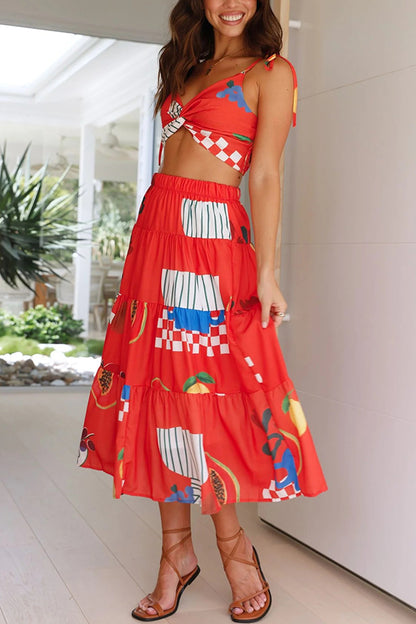 Unique Printed Camisole Elastic Waist Long Skirt Two Piece Set