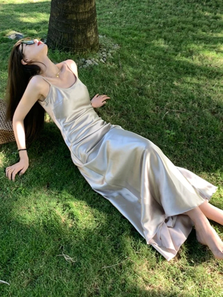 Bodycon Satin Spaghetti Strap Midi Dress Evening Party Dresses Summer New Holiday Style Prom Robe Vestido Mujer
