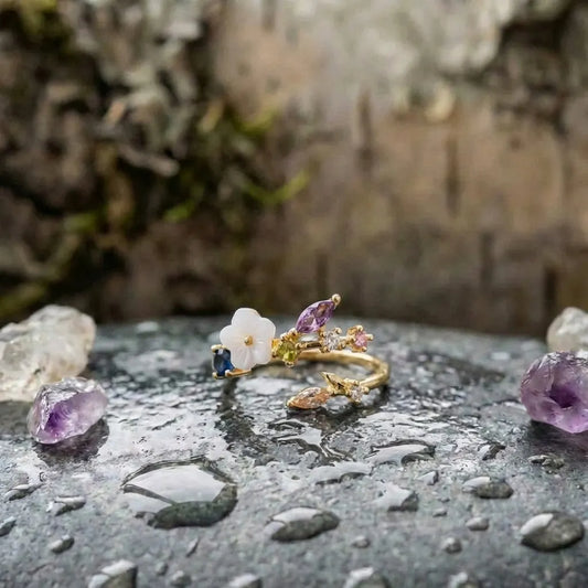 Wildflower With Colorful Zirconia Adjustable Ring In Gold