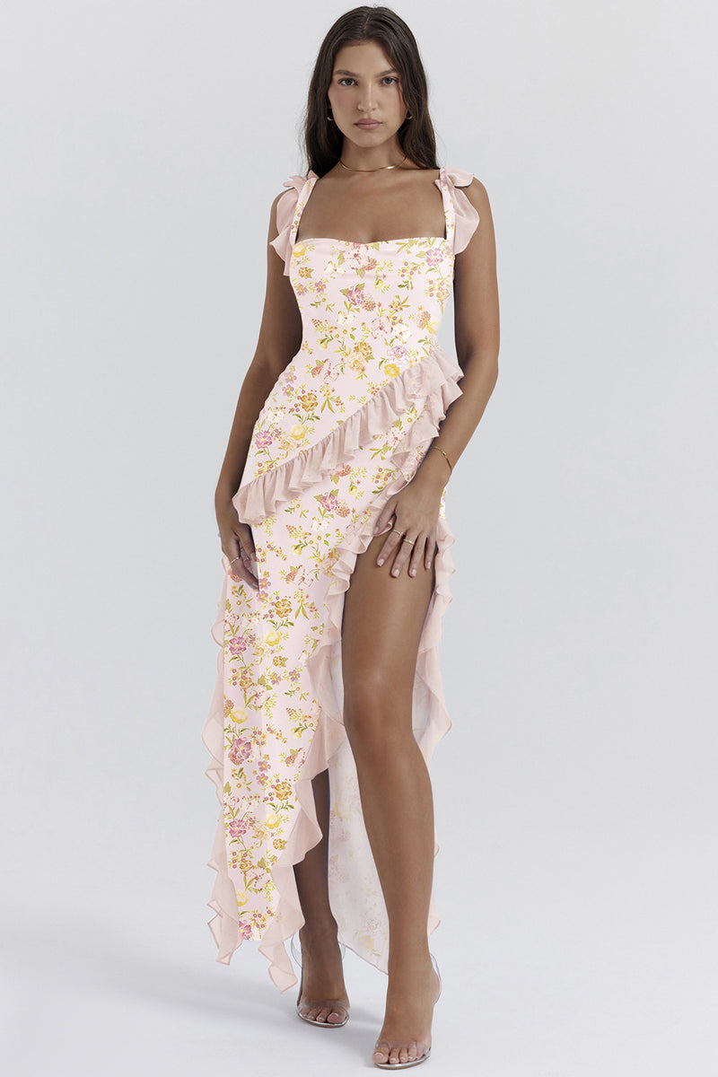 Cherry Ruffle Maxi Dress-pink Flower